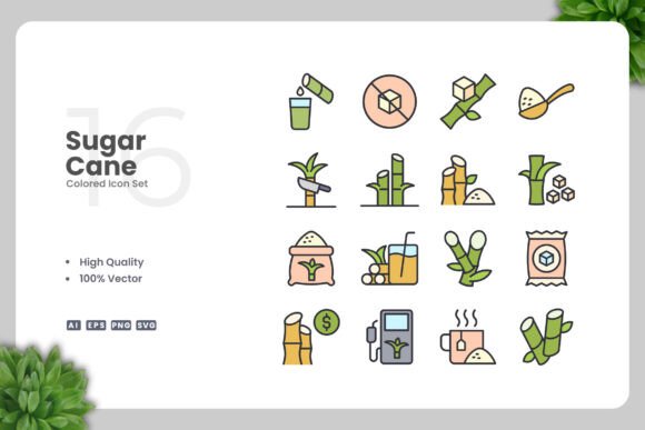 Sugar Cane Colored Icons: Clean Vector Graphics for Modern Design Projects